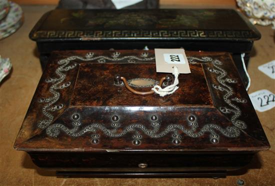 19C French nail-studded walnut sarcophagus jewellery box & a mother of pearl papier mache box containing four fans